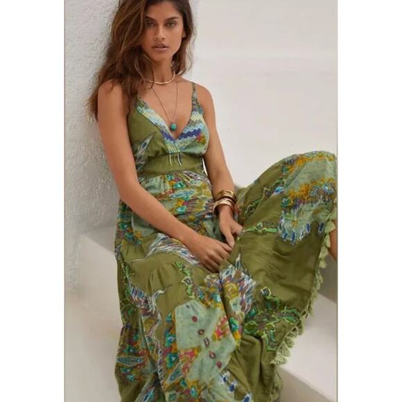 BAROK | Anthropologie Green Floral Beaded Tiered Maxi Dress Tassel Fringe Small - Picture 1 of 9